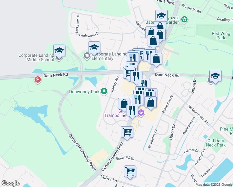 map of restaurants, bars, coffee shops, grocery stores, and more near 1107 Gallery Court in Virginia Beach