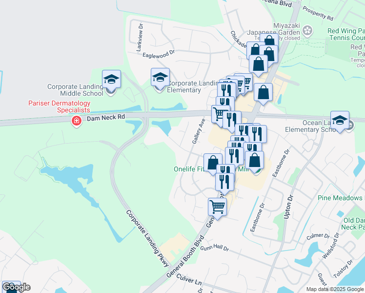 map of restaurants, bars, coffee shops, grocery stores, and more near 1556 Hubbell Court in Virginia Beach