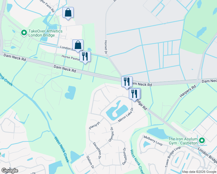 map of restaurants, bars, coffee shops, grocery stores, and more near 2324 Enchanted Forest Lane in Virginia Beach