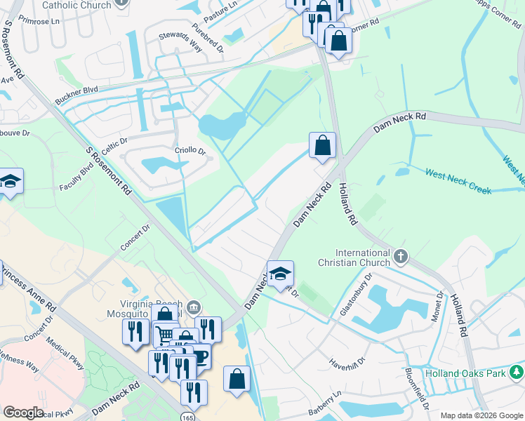 map of restaurants, bars, coffee shops, grocery stores, and more near 1717 Vinedresser Way in Virginia Beach