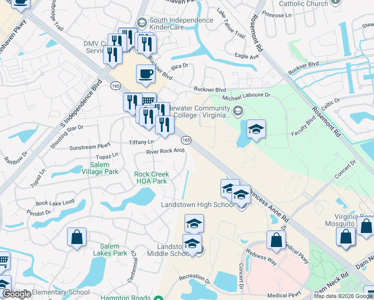 map of restaurants, bars, coffee shops, grocery stores, and more near 1737 River Rock Arch in Virginia Beach