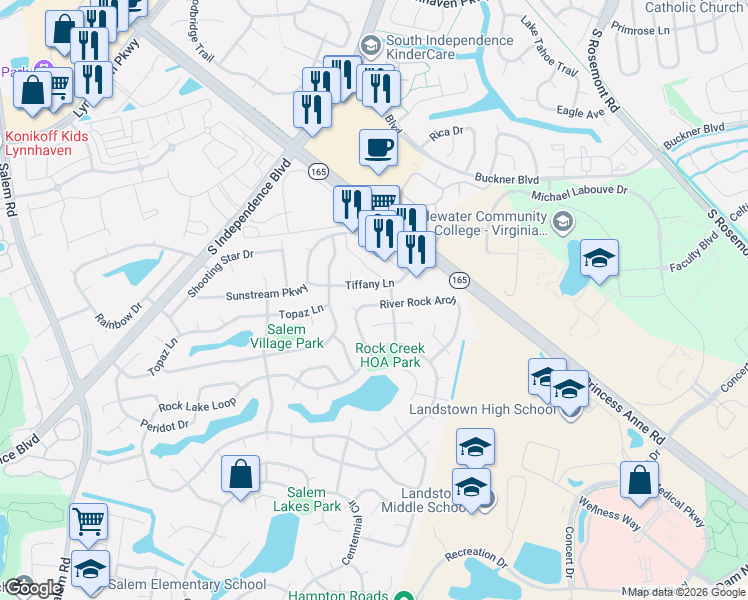 map of restaurants, bars, coffee shops, grocery stores, and more near 3809 Princess Anne Road in Virginia Beach