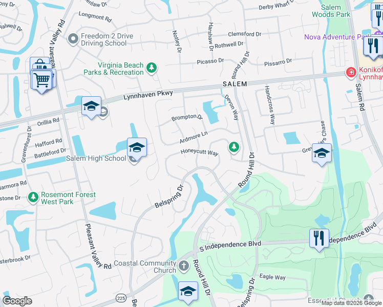 map of restaurants, bars, coffee shops, grocery stores, and more near 1869 Pepperell Drive in Virginia Beach