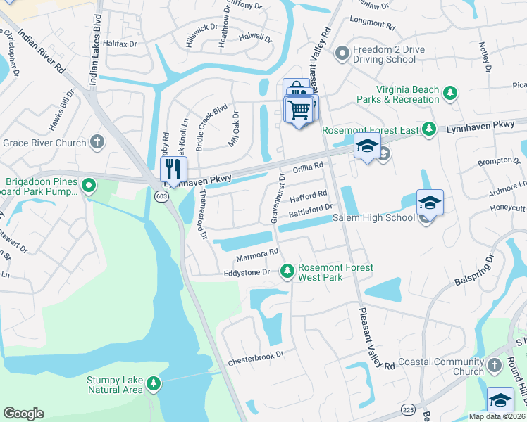 map of restaurants, bars, coffee shops, grocery stores, and more near 1429 Collingswood Trail in Virginia Beach