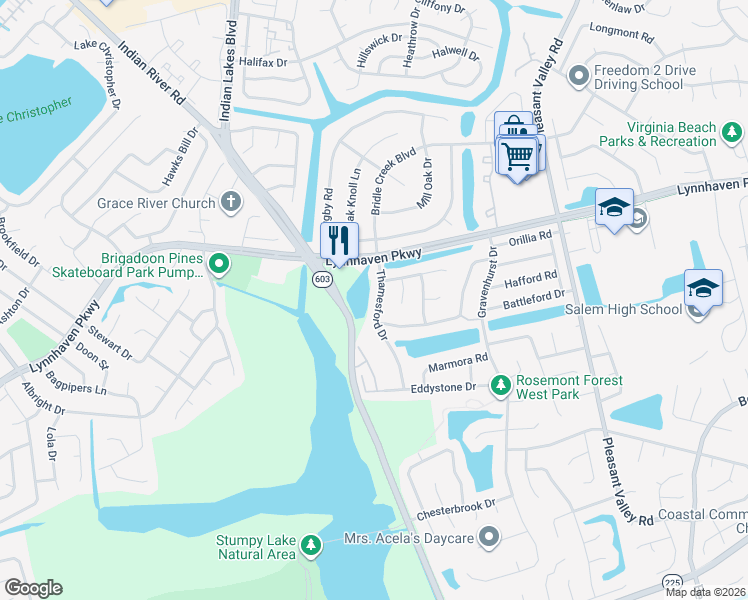 map of restaurants, bars, coffee shops, grocery stores, and more near 1305 Thamesford Drive in Virginia Beach