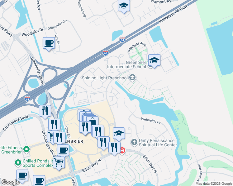 map of restaurants, bars, coffee shops, grocery stores, and more near 1725 Rock Bridge Mews in Chesapeake