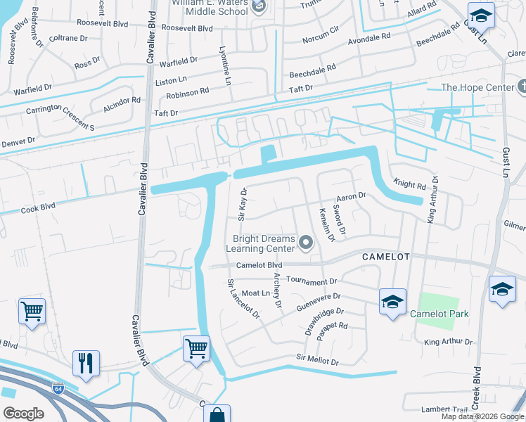 map of restaurants, bars, coffee shops, grocery stores, and more near 308 Sir Kay Court in Chesapeake