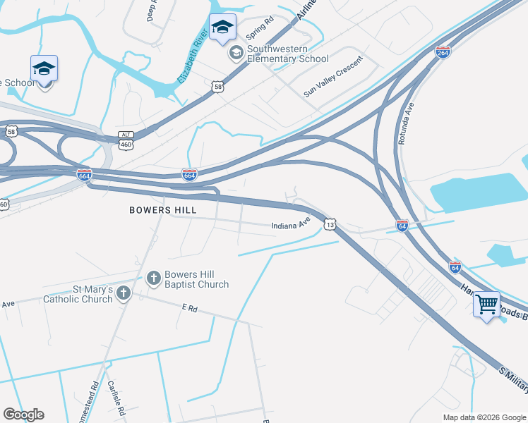map of restaurants, bars, coffee shops, grocery stores, and more near 4445 South Military Highway in Chesapeake