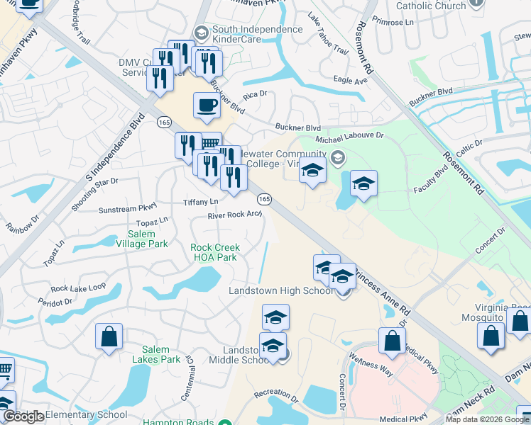 map of restaurants, bars, coffee shops, grocery stores, and more near 1737 River Rock Arch in Virginia Beach