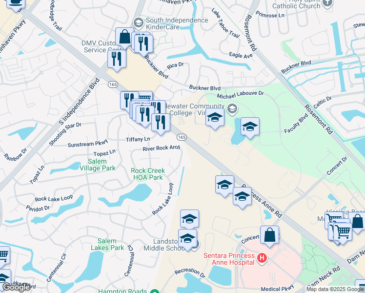 map of restaurants, bars, coffee shops, grocery stores, and more near 1733 River Rock Arch in Virginia Beach