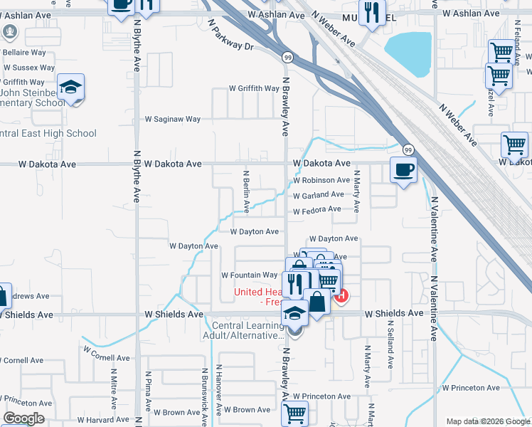 map of restaurants, bars, coffee shops, grocery stores, and more near 3296 North Saratoga Avenue in Fresno