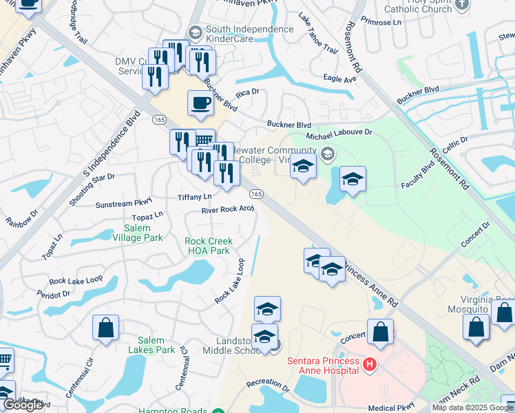 map of restaurants, bars, coffee shops, grocery stores, and more near 1733 River Rock Arch in Virginia Beach