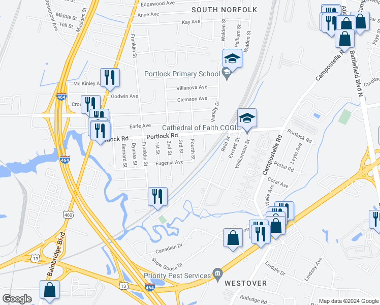 map of restaurants, bars, coffee shops, grocery stores, and more near 4120 Fourth Street in Chesapeake