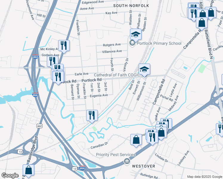 map of restaurants, bars, coffee shops, grocery stores, and more near 4122 Fourth Street in Chesapeake