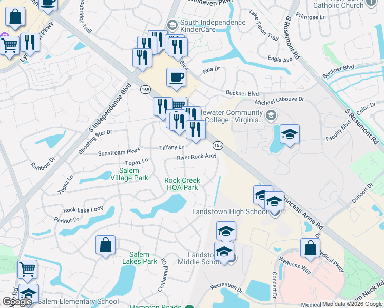 map of restaurants, bars, coffee shops, grocery stores, and more near 3717 Tiffany Lane in Virginia Beach