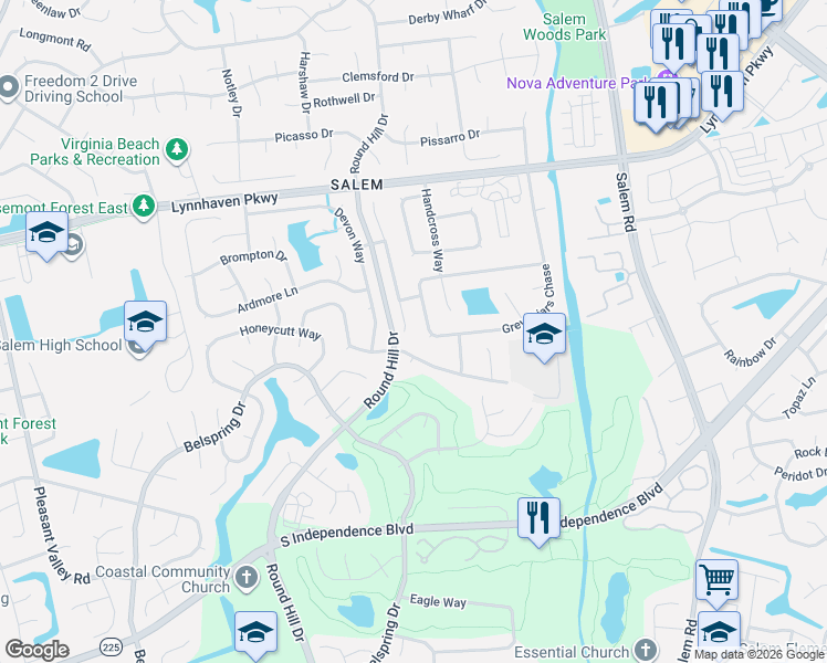 map of restaurants, bars, coffee shops, grocery stores, and more near 1785 Grey Friars Chase in Virginia Beach