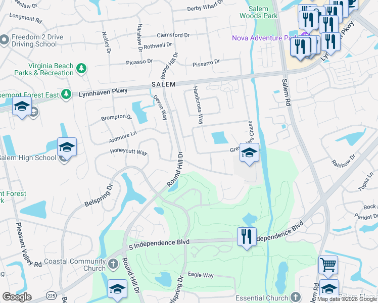 map of restaurants, bars, coffee shops, grocery stores, and more near 1785 Grey Friars Chase in Virginia Beach