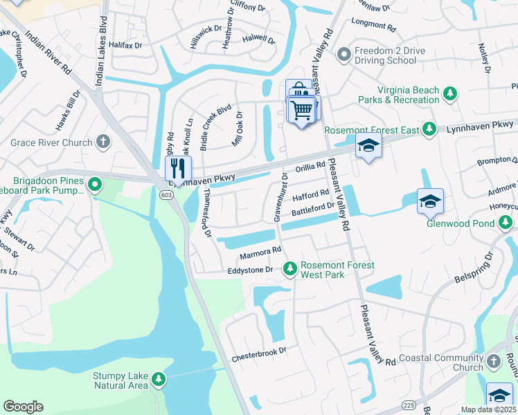 map of restaurants, bars, coffee shops, grocery stores, and more near 1456 Collingswood Trail in Virginia Beach