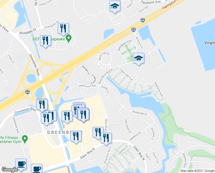 map of restaurants, bars, coffee shops, grocery stores, and more near 1729 Rock Bridge Mews in Chesapeake