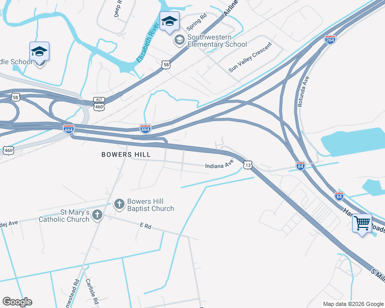 map of restaurants, bars, coffee shops, grocery stores, and more near 4445 South Military Highway in Chesapeake