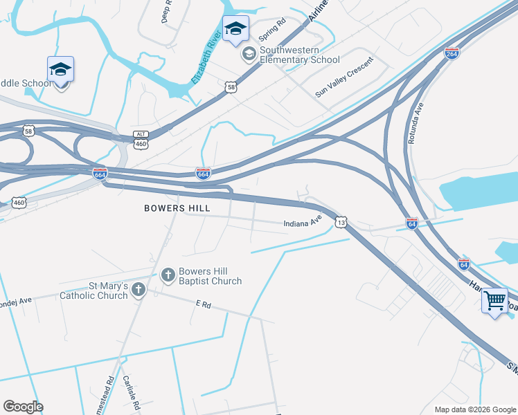 map of restaurants, bars, coffee shops, grocery stores, and more near 4515 U.S. 13 in Chesapeake
