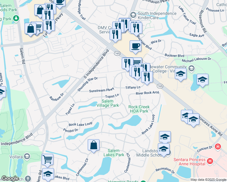 map of restaurants, bars, coffee shops, grocery stores, and more near 3860 Tiffany Lane in Virginia Beach