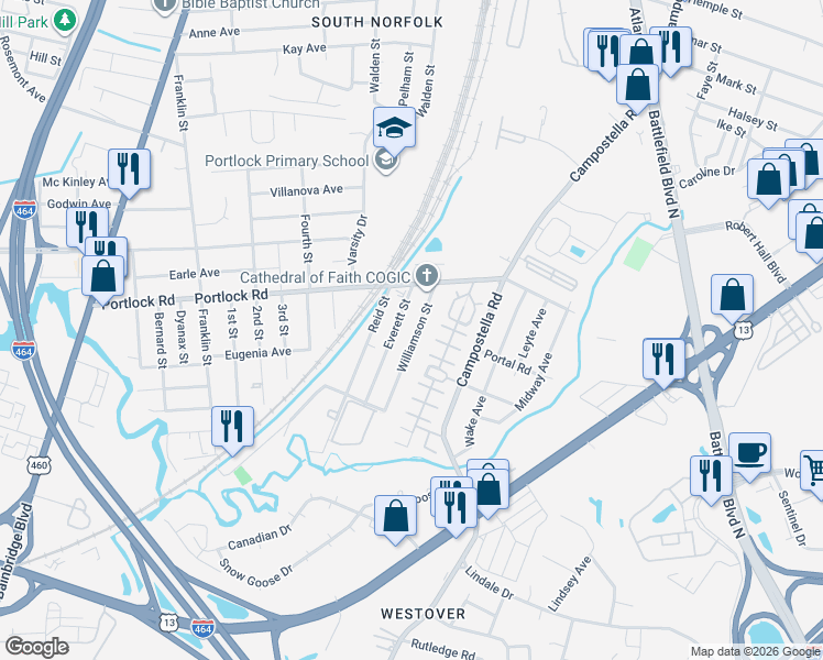 map of restaurants, bars, coffee shops, grocery stores, and more near 4113 Everett Street in Chesapeake