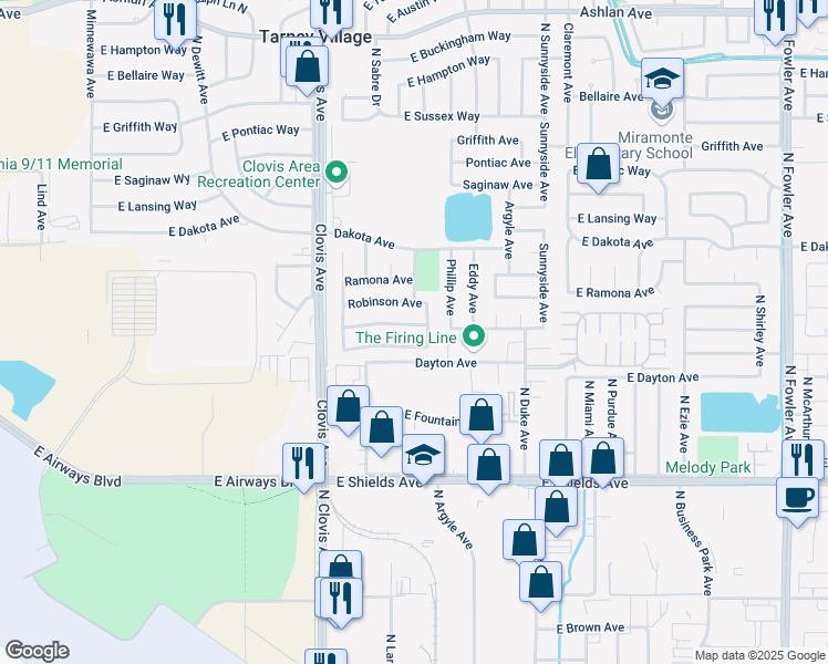 map of restaurants, bars, coffee shops, grocery stores, and more near 1024 East Garland Avenue in Clovis
