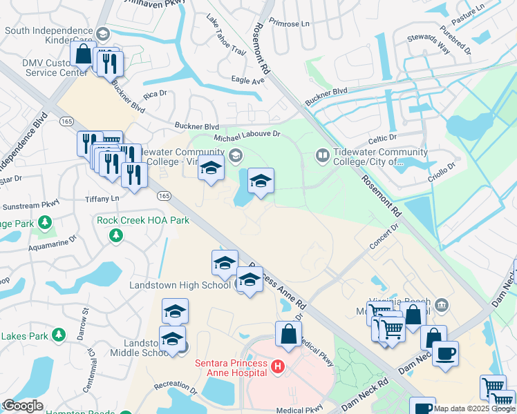 map of restaurants, bars, coffee shops, grocery stores, and more near 1700 College Crescent in Virginia Beach