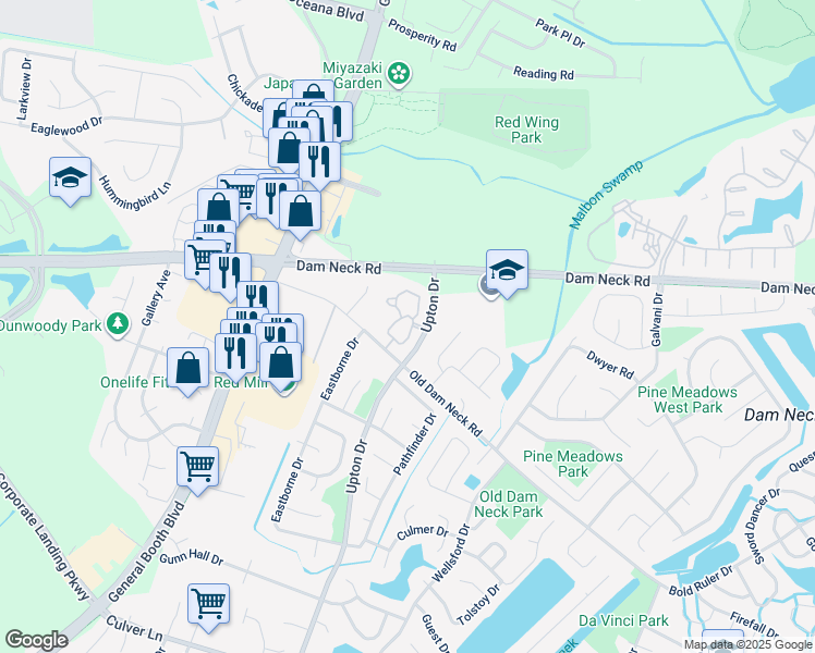map of restaurants, bars, coffee shops, grocery stores, and more near 1613 Pattington Circle in Virginia Beach