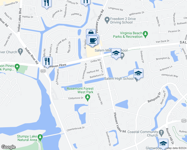 map of restaurants, bars, coffee shops, grocery stores, and more near 1354 Battleford Drive in Virginia Beach