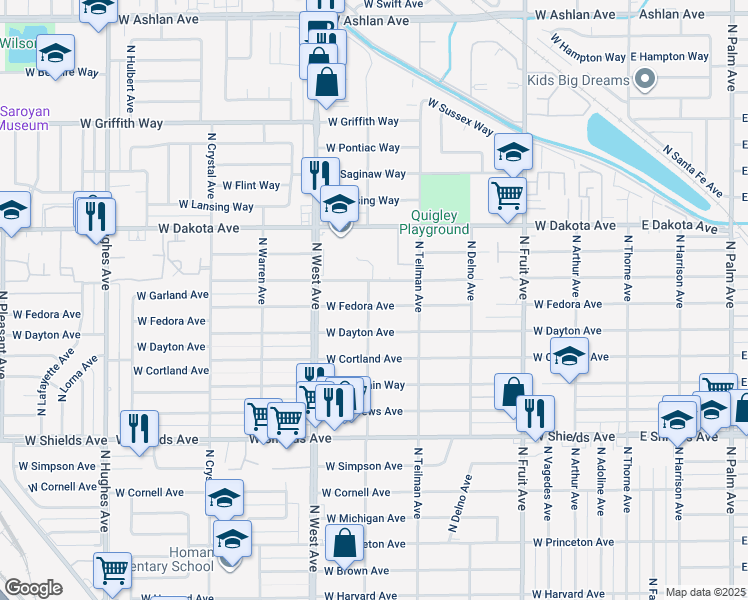 map of restaurants, bars, coffee shops, grocery stores, and more near 1044 West Fedora Avenue in Fresno