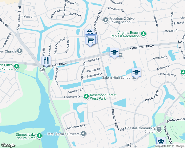 map of restaurants, bars, coffee shops, grocery stores, and more near 1352 Battleford Drive in Virginia Beach
