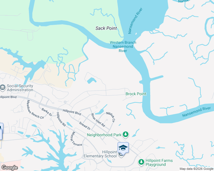 map of restaurants, bars, coffee shops, grocery stores, and more near 126 Birdie Drive in Suffolk