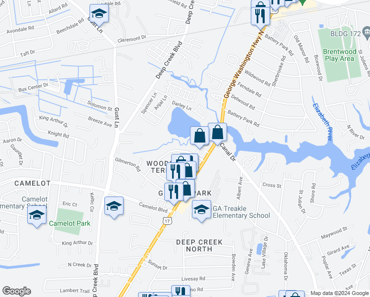 map of restaurants, bars, coffee shops, grocery stores, and more near 1134 Woodland Terrace Drive in Chesapeake
