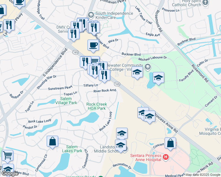 map of restaurants, bars, coffee shops, grocery stores, and more near 1753 River Rock Arch in Virginia Beach