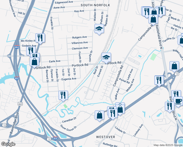 map of restaurants, bars, coffee shops, grocery stores, and more near 4117 Reid Street in Chesapeake