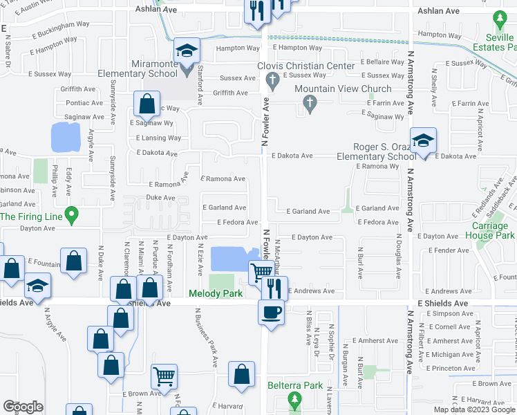 map of restaurants, bars, coffee shops, grocery stores, and more near 3307 North Fowler Avenue in Fresno