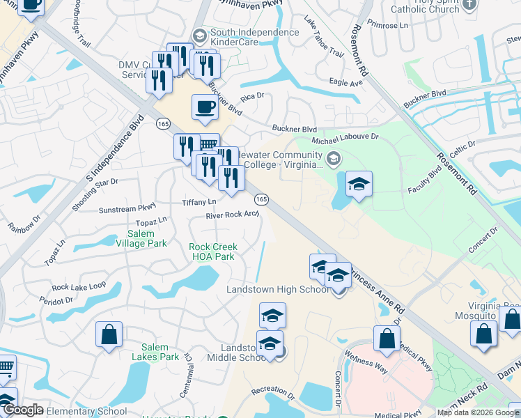 map of restaurants, bars, coffee shops, grocery stores, and more near 1737 River Rock Arch in Virginia Beach