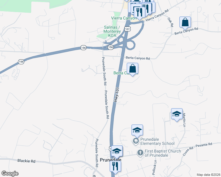 map of restaurants, bars, coffee shops, grocery stores, and more near 9225 Prunedale South Road in Salinas
