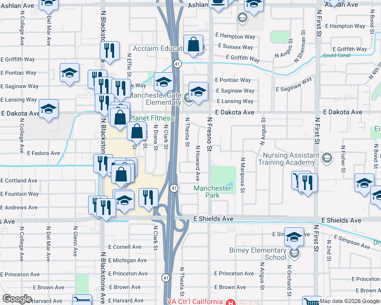map of restaurants, bars, coffee shops, grocery stores, and more near 3688 North Howard Avenue in Fresno