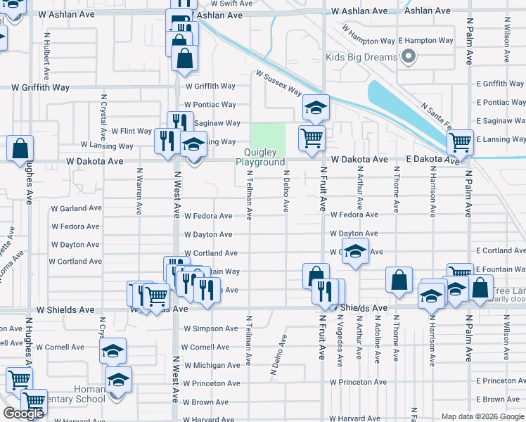 map of restaurants, bars, coffee shops, grocery stores, and more near 827 West Garland Avenue in Fresno