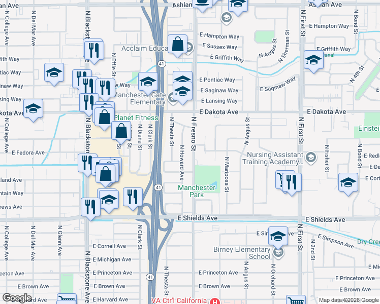 map of restaurants, bars, coffee shops, grocery stores, and more near 3688 North Howard Avenue in Fresno