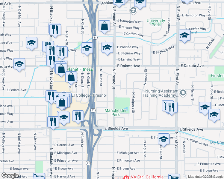 map of restaurants, bars, coffee shops, grocery stores, and more near 3688 North Howard Avenue in Fresno