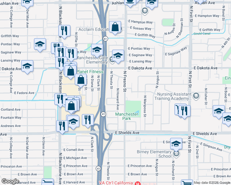 map of restaurants, bars, coffee shops, grocery stores, and more near 3688 North Howard Avenue in Fresno