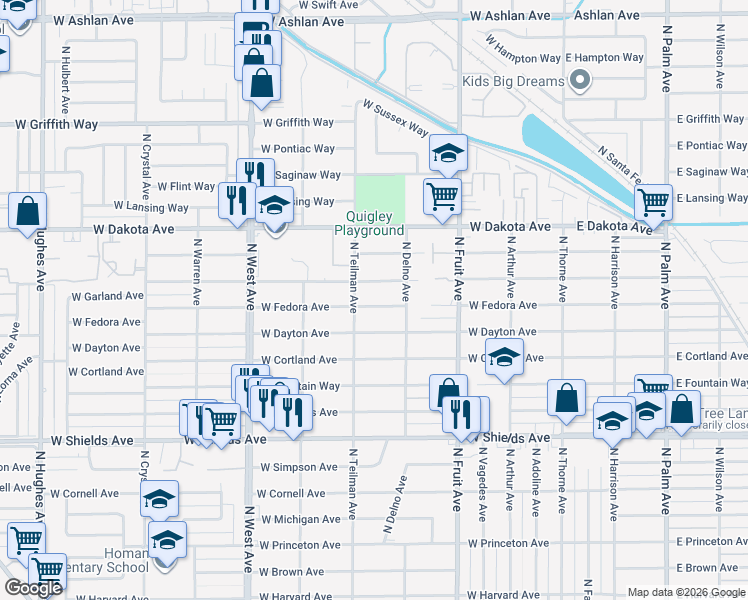 map of restaurants, bars, coffee shops, grocery stores, and more near 827 West Garland Avenue in Fresno