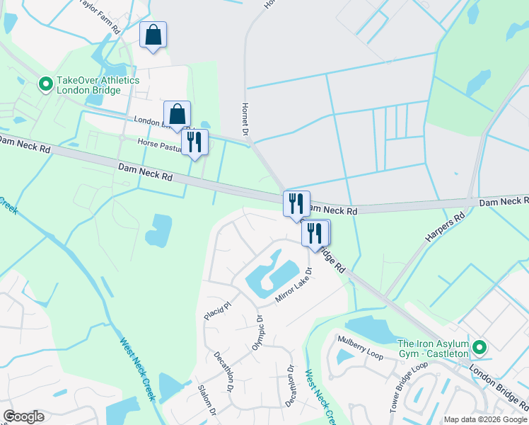 map of restaurants, bars, coffee shops, grocery stores, and more near 2324 Enchanted Forest Lane in Virginia Beach