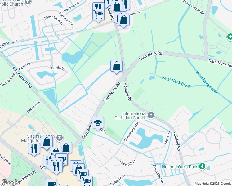 map of restaurants, bars, coffee shops, grocery stores, and more near 3249 Dam Neck Road in Virginia Beach