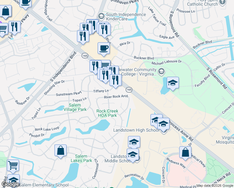 map of restaurants, bars, coffee shops, grocery stores, and more near 3717 Tiffany Lane in Virginia Beach