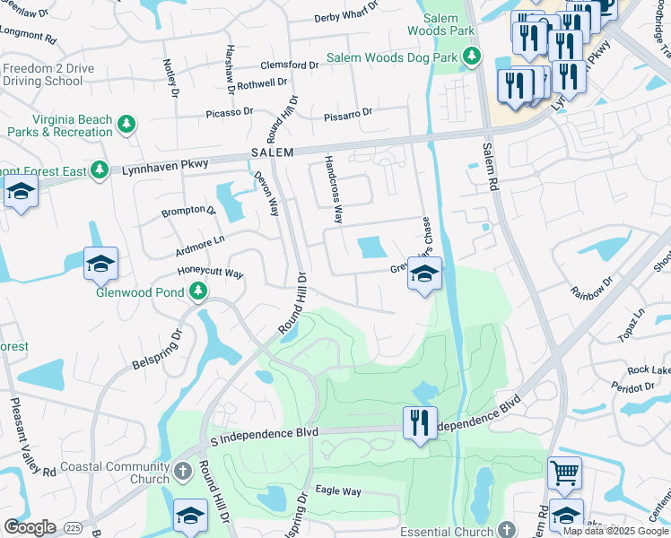 map of restaurants, bars, coffee shops, grocery stores, and more near 1753 Grey Friars Chase in Virginia Beach